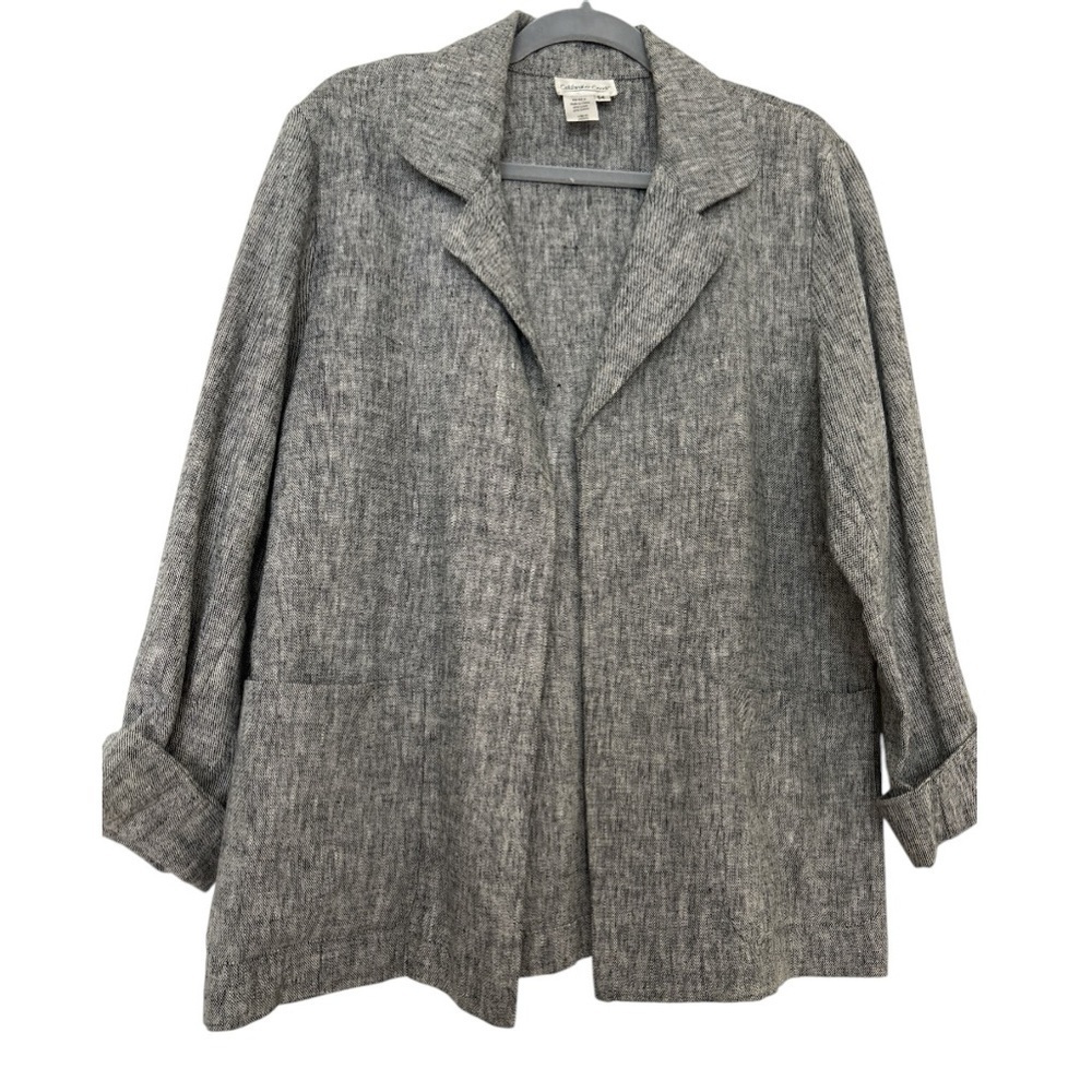 COLDWATER CREEK open blazer, gray and black , size 14, linen cotton blend
